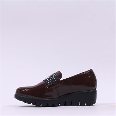 Wonders Sparkle Stud Band Wedge Shoe - Brown Patent
